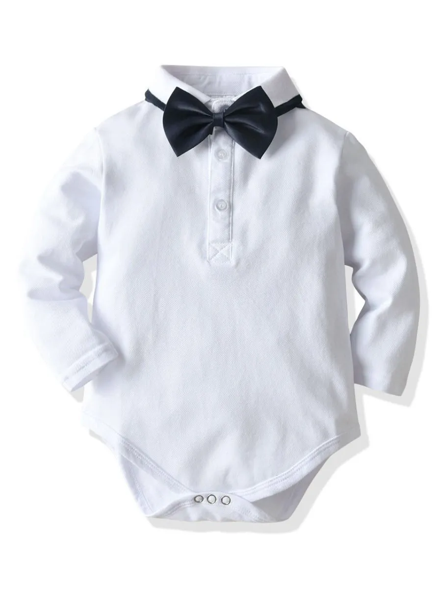 4-Piece Baby Boy Outfits Bow Tie Bodysuit Matching Suspender Pants