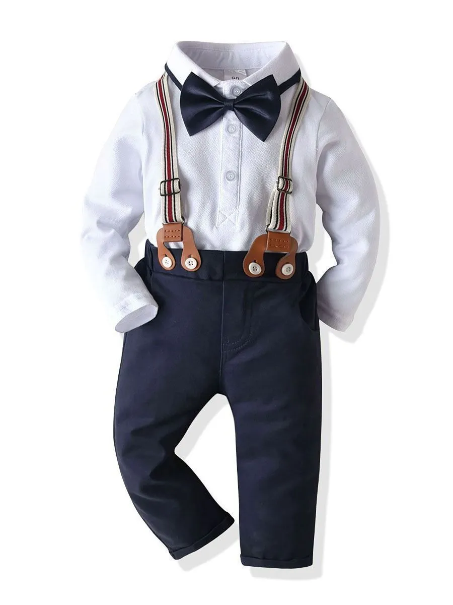 4-Piece Baby Boy Outfits Bow Tie Bodysuit Matching Suspender Pants
