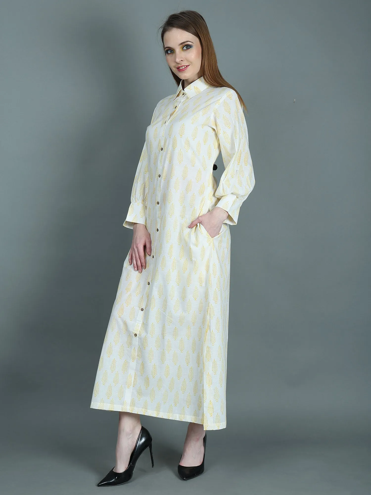 ALANI LEMON HANDBLOCK PRINT SHIRT DRESS