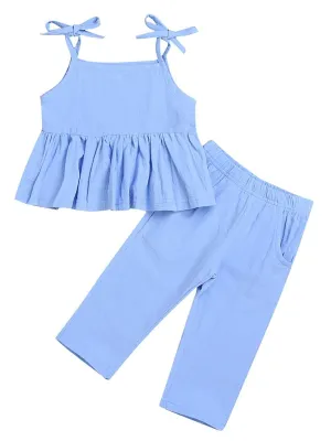 Baby Little Girl Blue Clothes Outfit Tie Ruffle Top Matching Pants