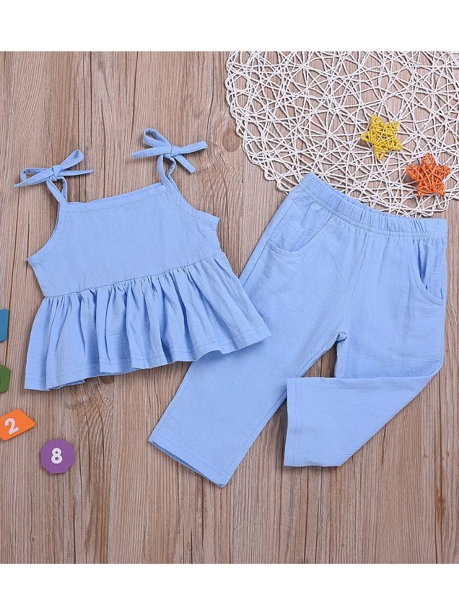 Baby Little Girl Blue Clothes Outfit Tie Ruffle Top Matching Pants