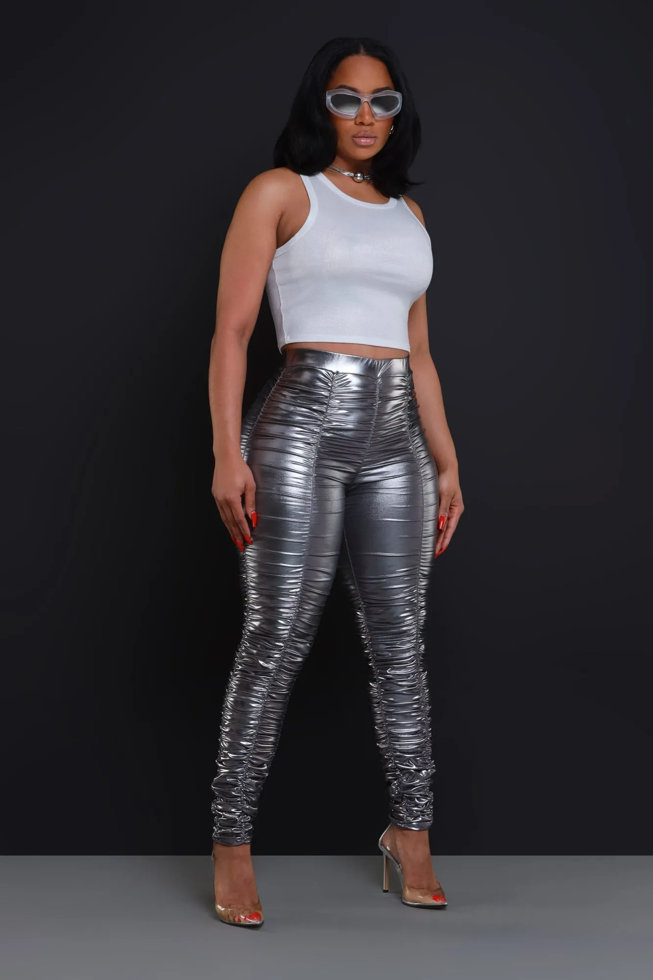Be Honest Ruched High Waist Pants - Iridescent Metallic Leggings