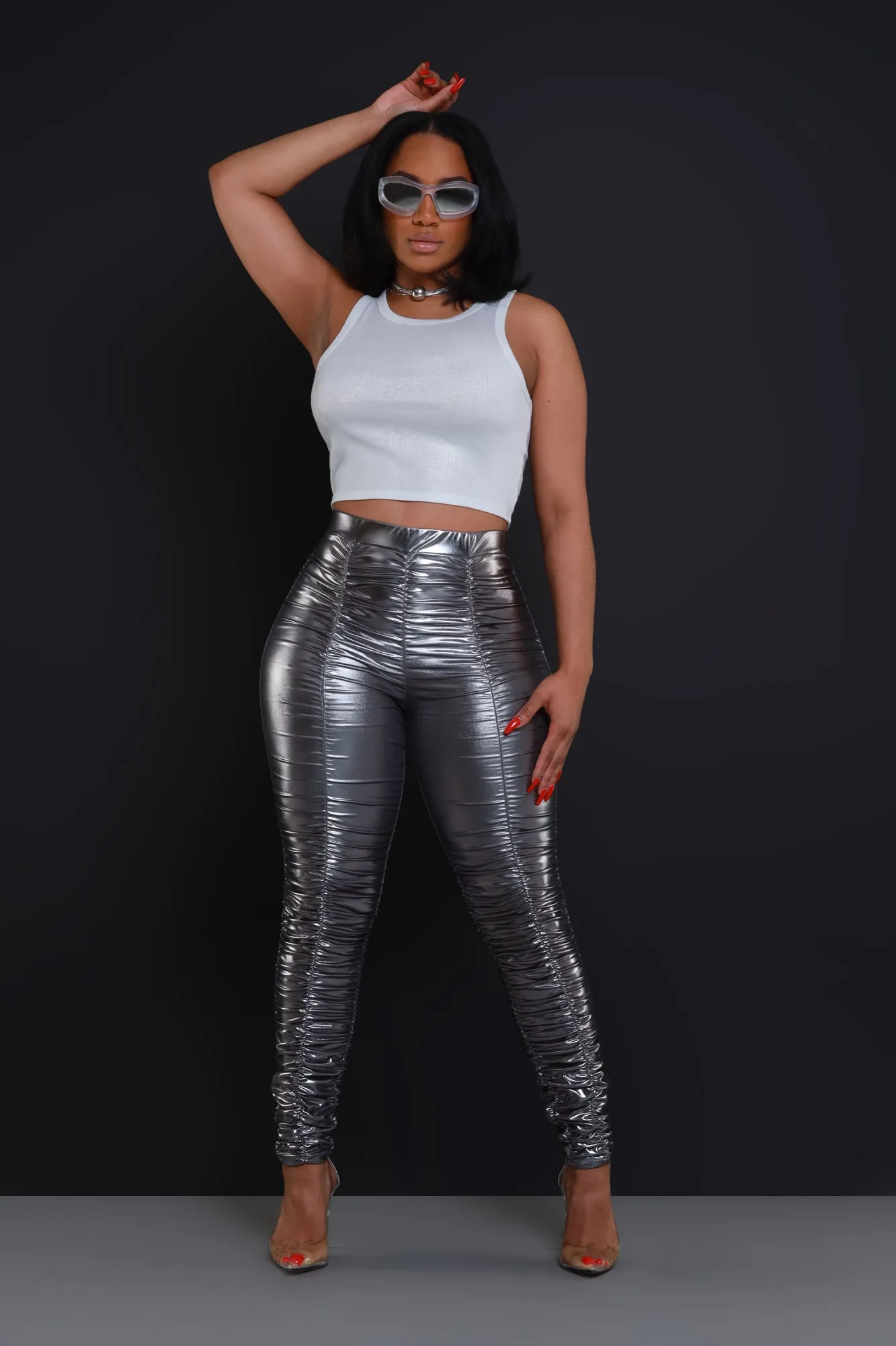 Be Honest Ruched High Waist Pants - Iridescent Metallic Leggings