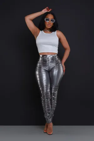 Be Honest Ruched High Waist Pants - Iridescent Metallic Leggings