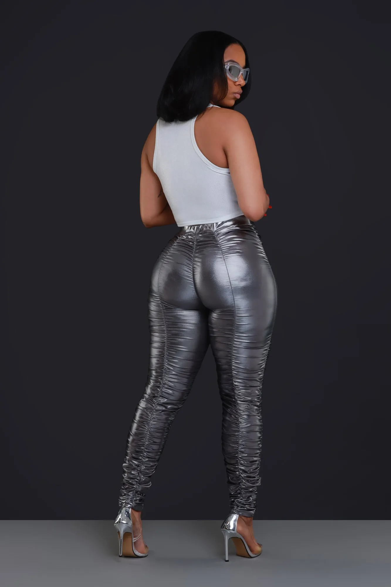 Be Honest Ruched High Waist Pants - Iridescent Metallic Leggings