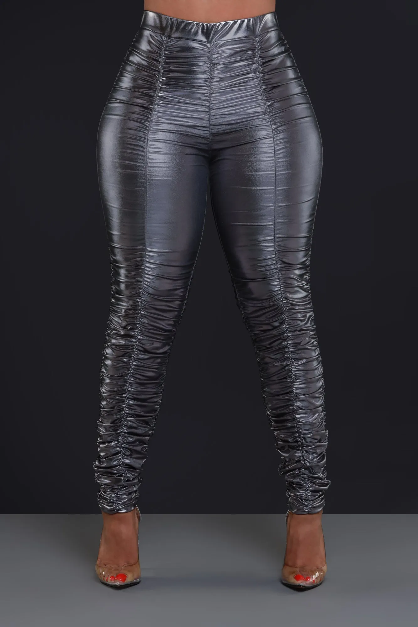 Be Honest Ruched High Waist Pants - Iridescent Metallic Leggings
