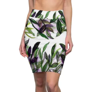Boho Pencil Skirt, Tropical Green Leaves Women's Designer Pencil Skirt - Made in USA (XS-2XL)
