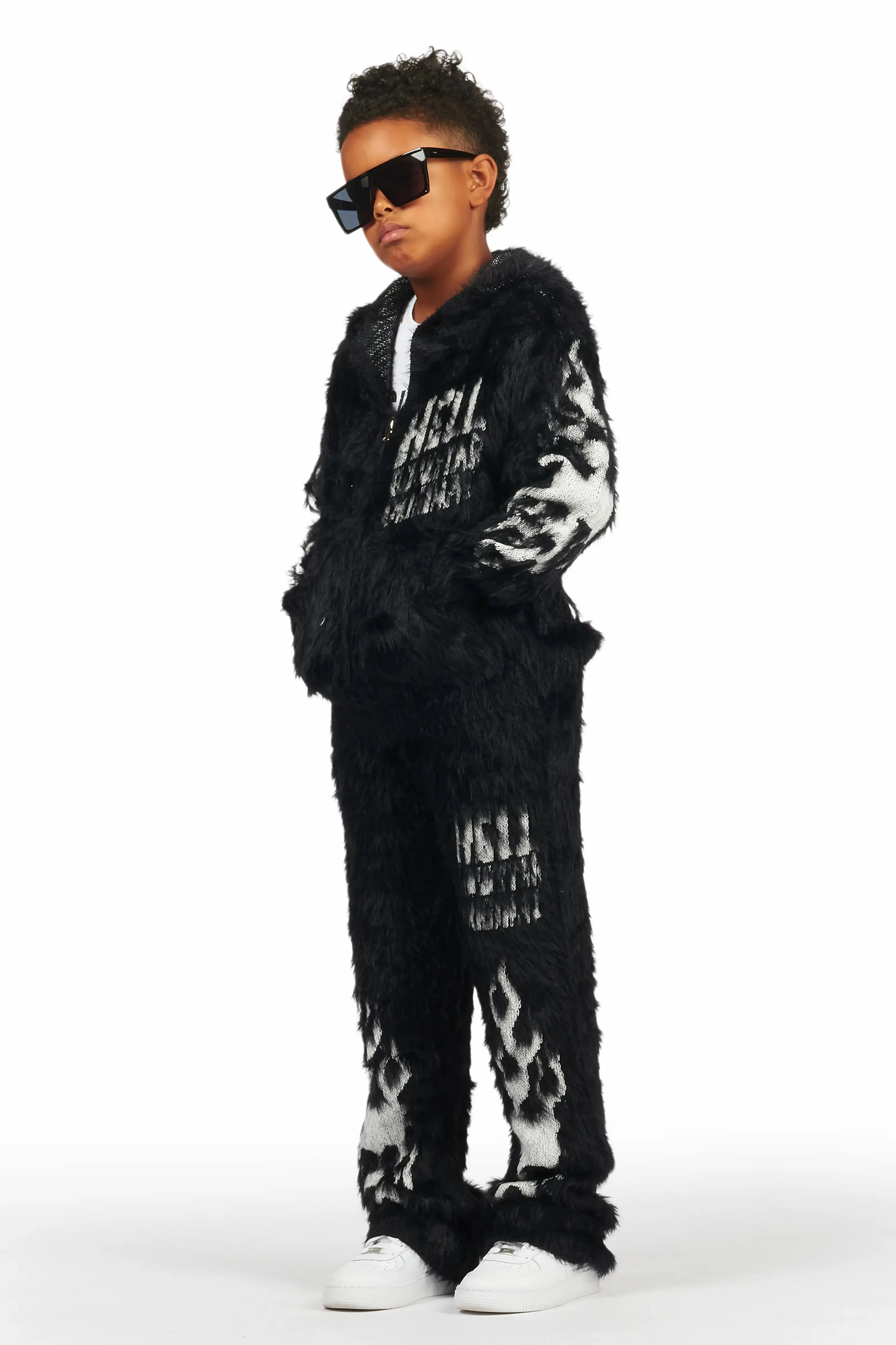 Boys Toshio Black Stacked Flare Knitted Mohair Track Set