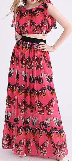 Butterfly Print Chiffon Top and Skirt Set