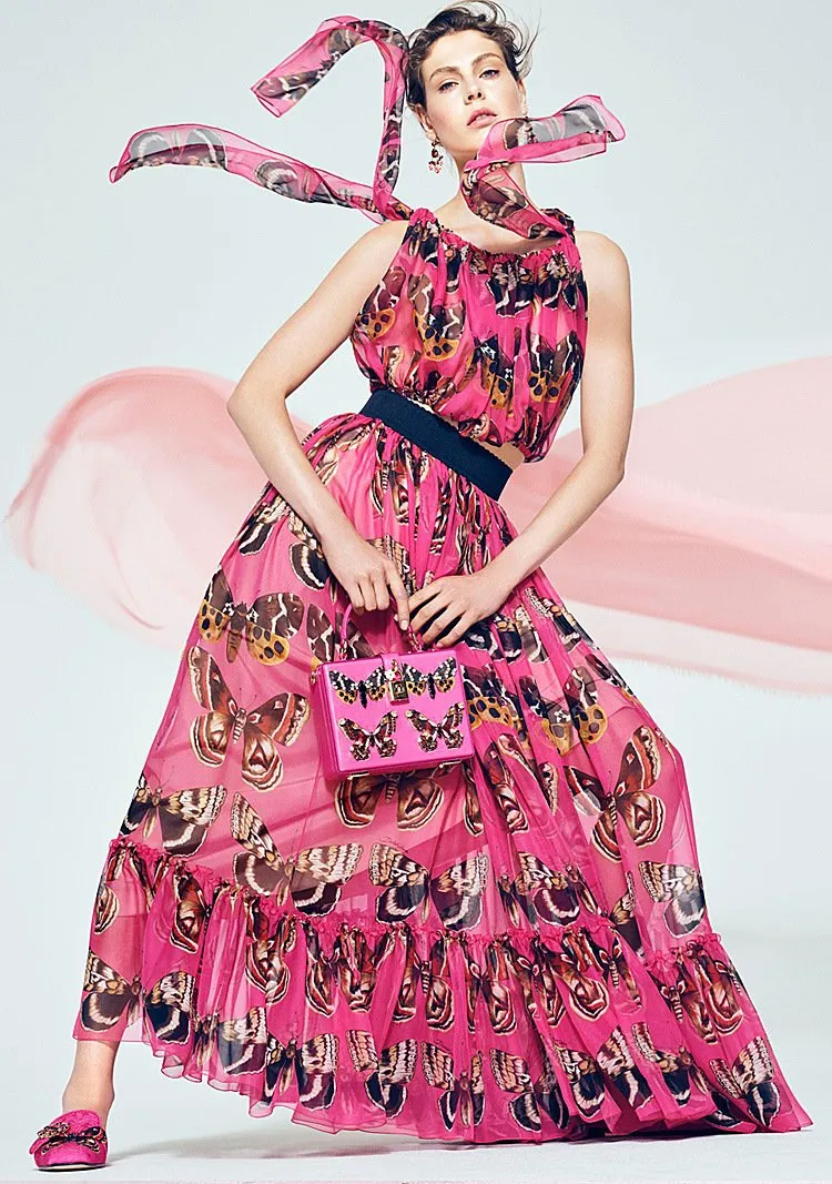 Butterfly Print Chiffon Top and Skirt Set