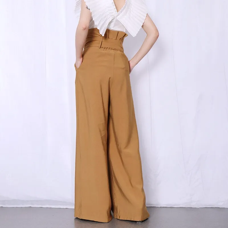 Casual Loose Women Full Length Pants High Waist Ruffle Pleated Wide Leg Pant