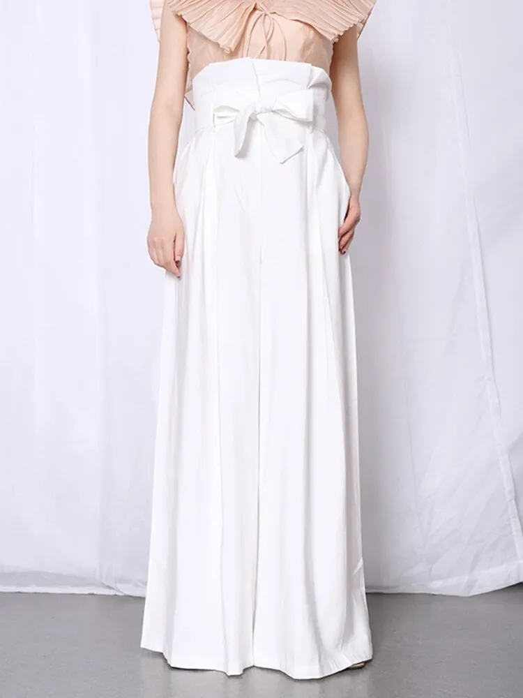 Casual Loose Women Full Length Pants High Waist Ruffle Pleated Wide Leg Pant