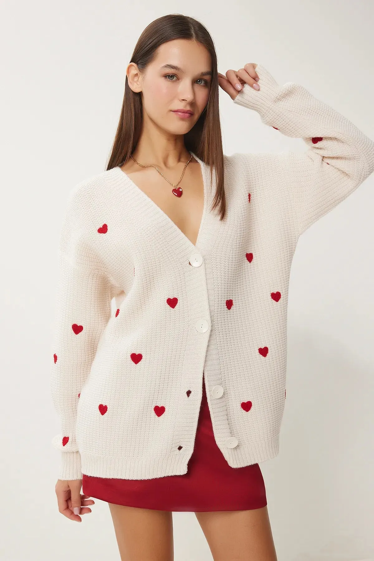 Cream Heart Textured Long Knit Cardigan