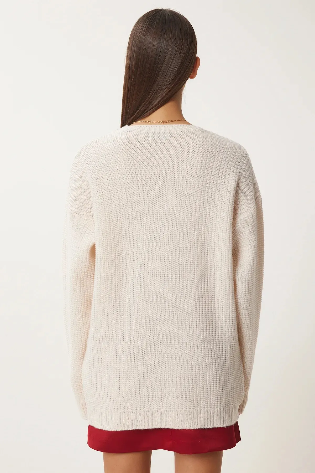 Cream Heart Textured Long Knit Cardigan