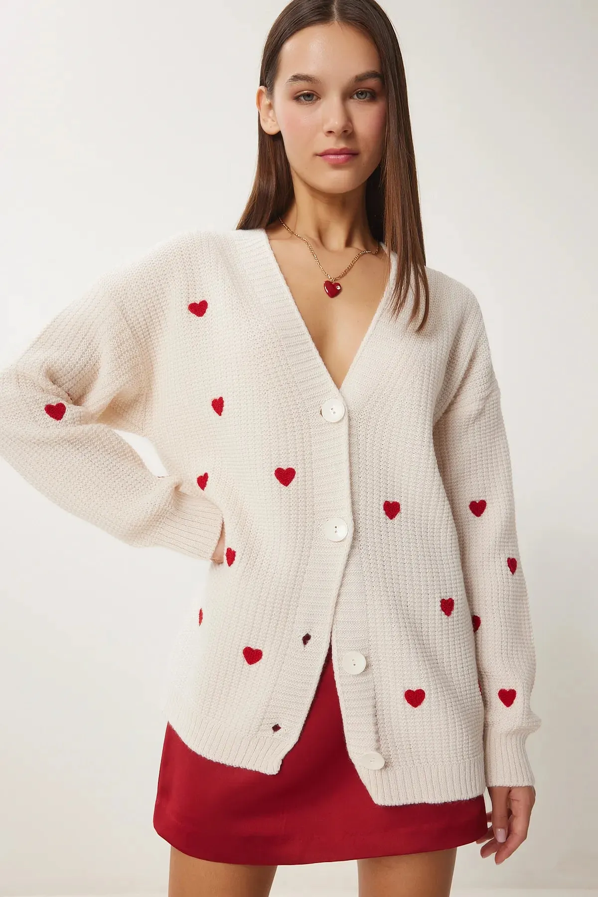 Cream Heart Textured Long Knit Cardigan