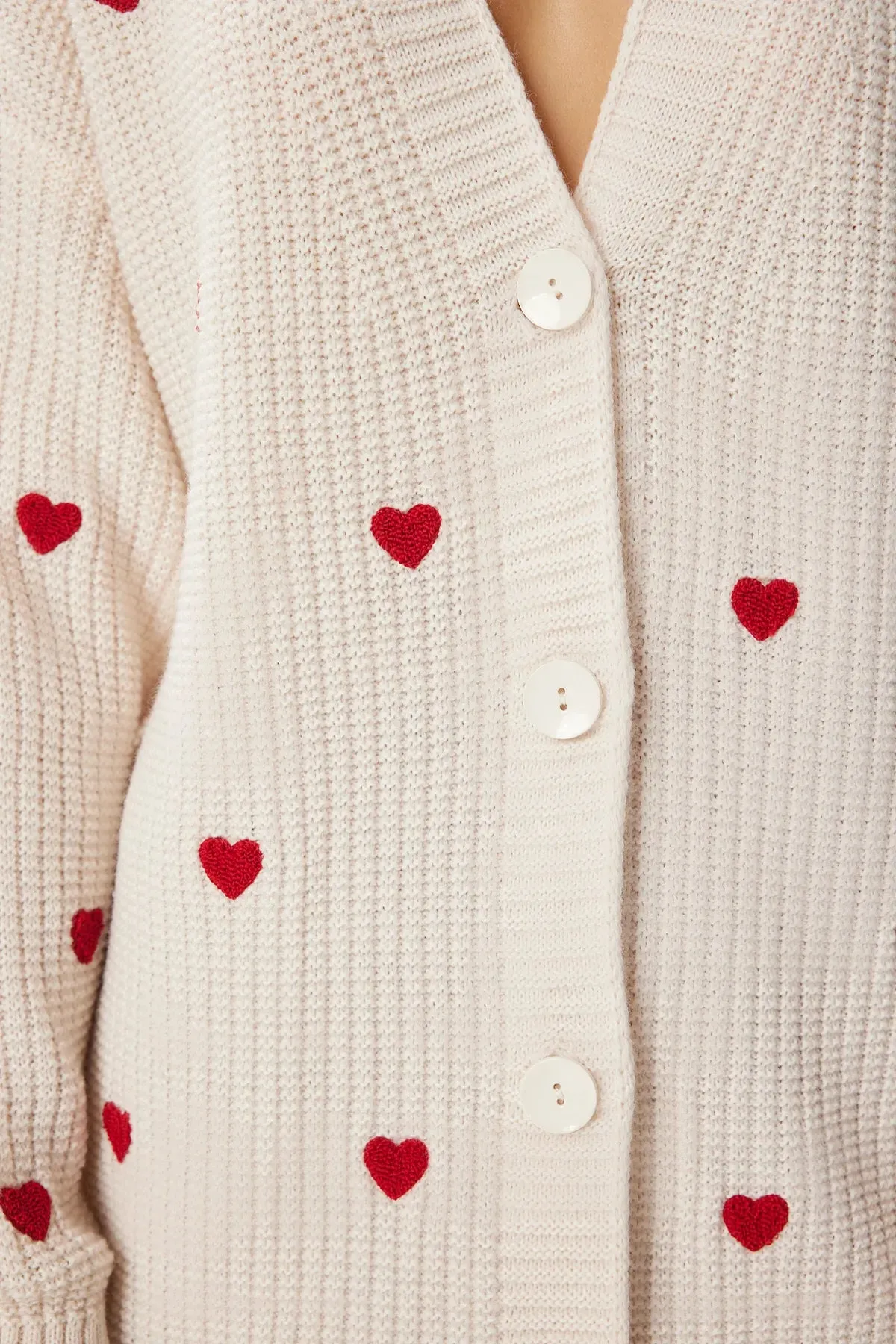 Cream Heart Textured Long Knit Cardigan