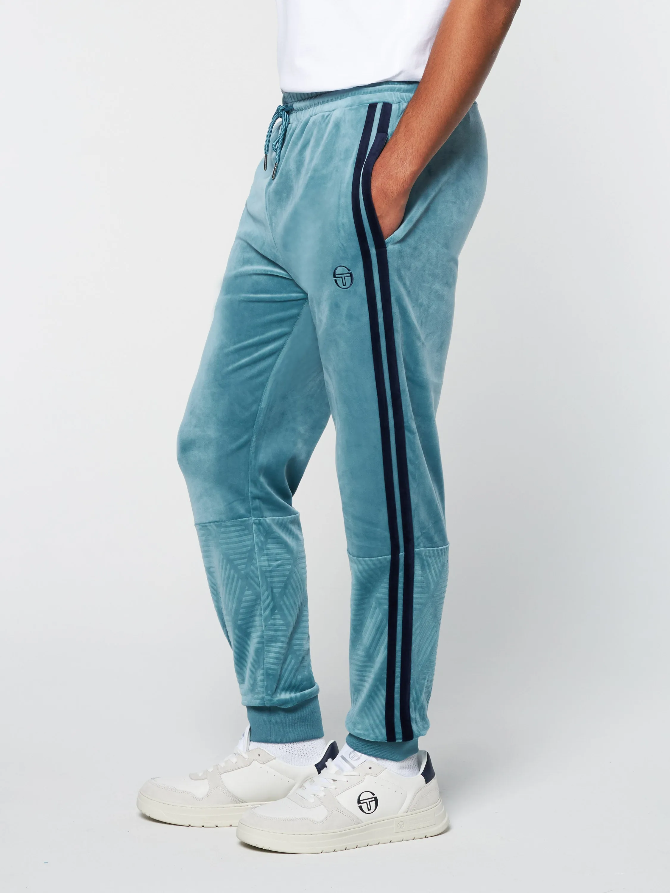 Debossed Damarindo Velour Track Pant- Larkspur