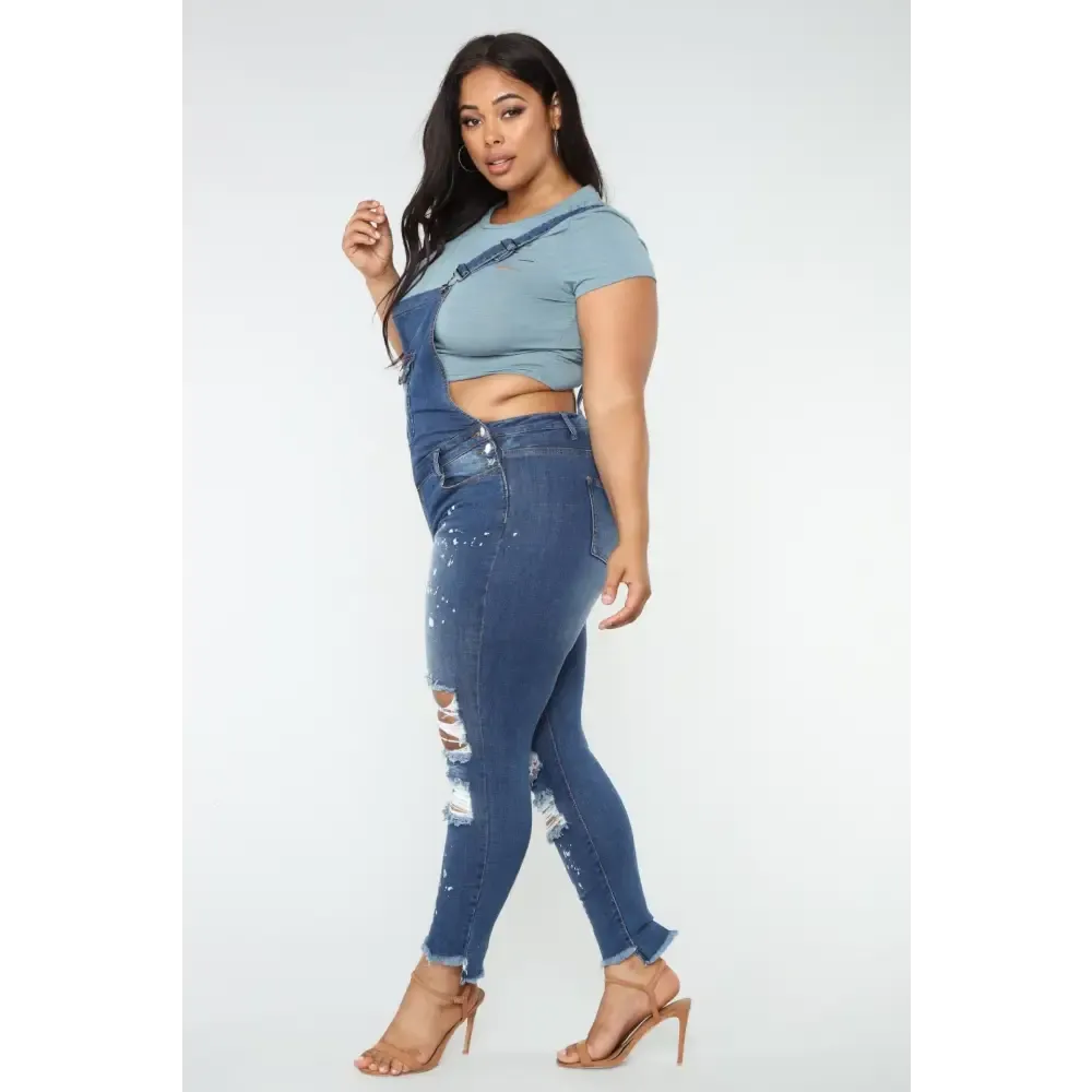 European And American Plus Size Elastic Ripped Overalls