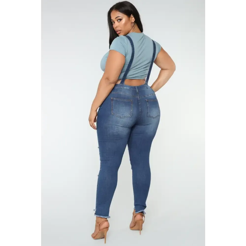 European And American Plus Size Elastic Ripped Overalls