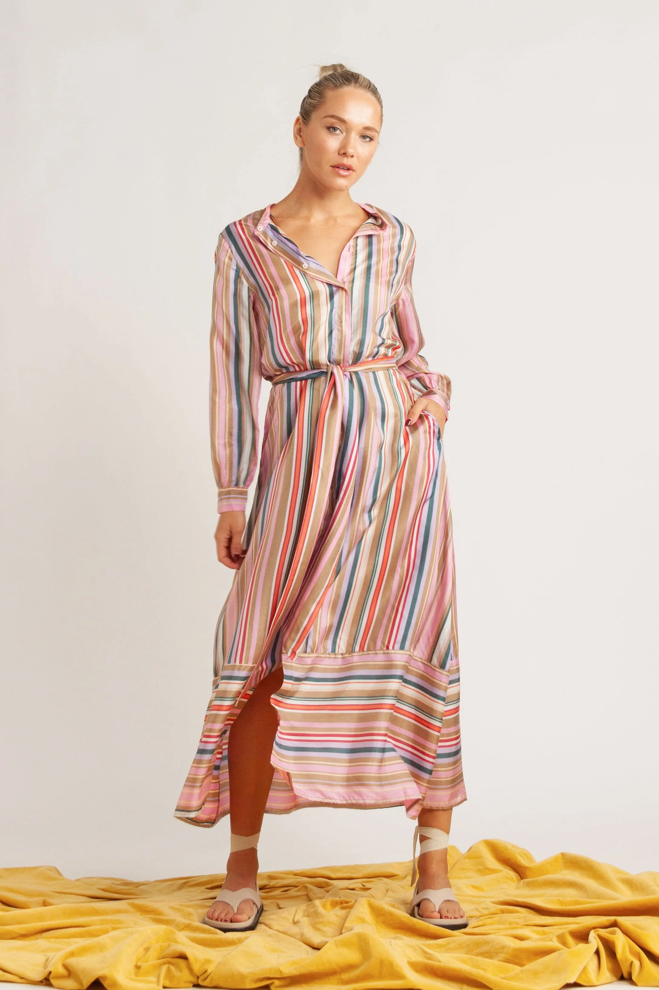 Kayla Multi-Stripe Silk Shirt Dress