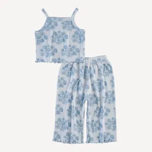 lettuce spaghetti strap cropped tank and cropped gaucho set | fog blue dahlia | organic cotton interlock