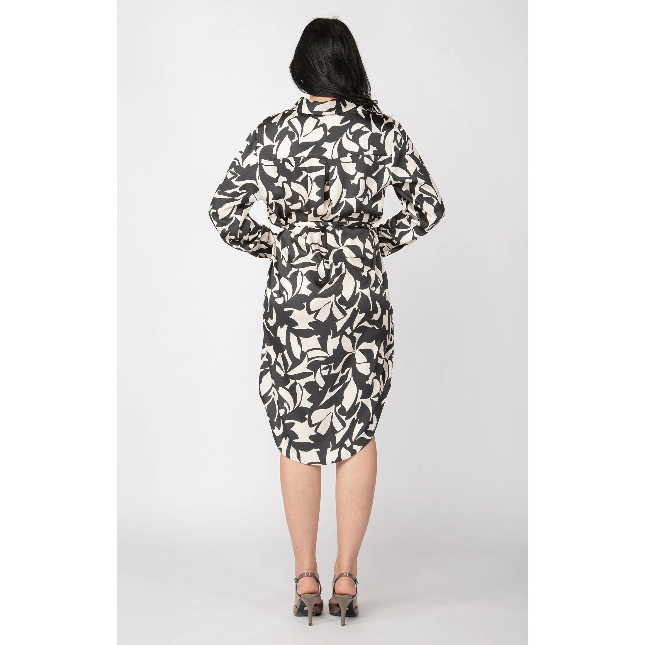 LS BELTED SATIN SHIRT DRESS