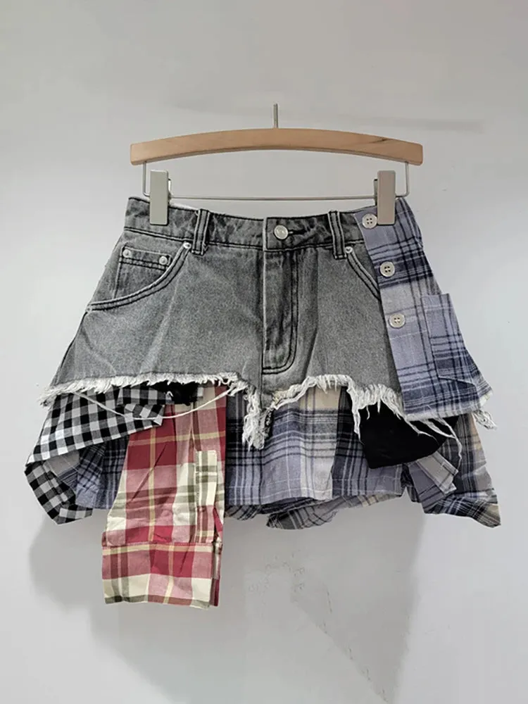 LVSANW DEAT Fashion Women's Denim Skirt Colored Plaid Patchwork Irregular Deconstructed A-line High Waist Mini Skirts Summer 2024 New