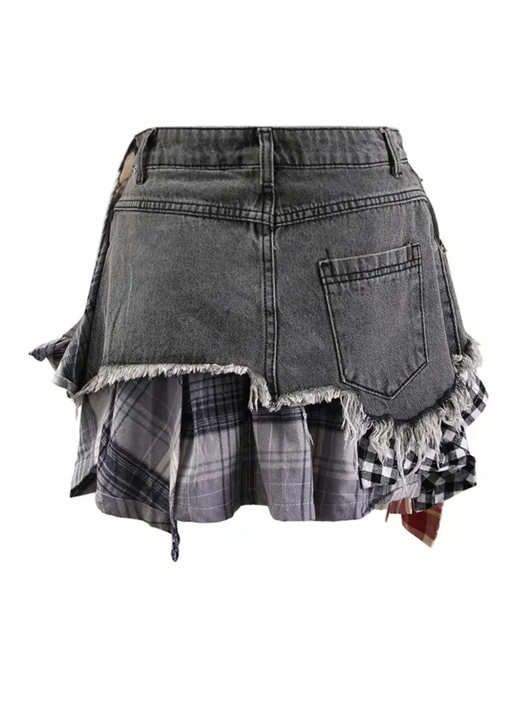 LVSANW DEAT Fashion Women's Denim Skirt Colored Plaid Patchwork Irregular Deconstructed A-line High Waist Mini Skirts Summer 2024 New