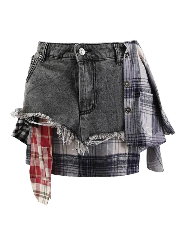 LVSANW DEAT Fashion Women's Denim Skirt Colored Plaid Patchwork Irregular Deconstructed A-line High Waist Mini Skirts Summer 2024 New
