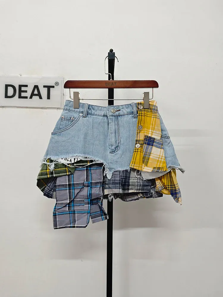 LVSANW DEAT Fashion Women's Denim Skirt Colored Plaid Patchwork Irregular Deconstructed A-line High Waist Mini Skirts Summer 2024 New