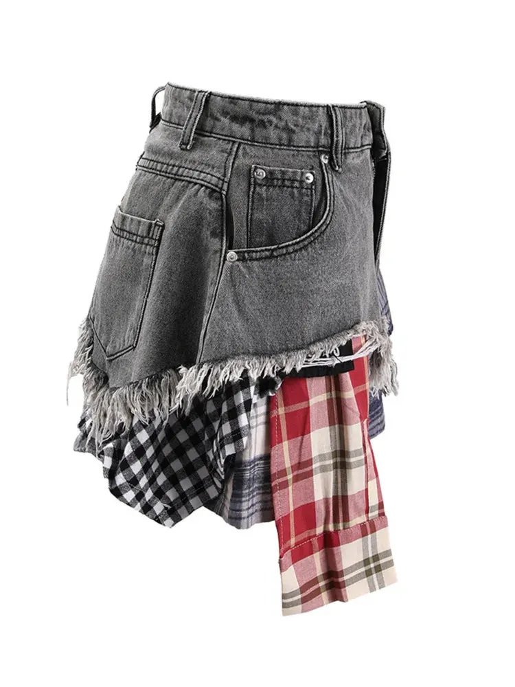 LVSANW DEAT Fashion Women's Denim Skirt Colored Plaid Patchwork Irregular Deconstructed A-line High Waist Mini Skirts Summer 2024 New
