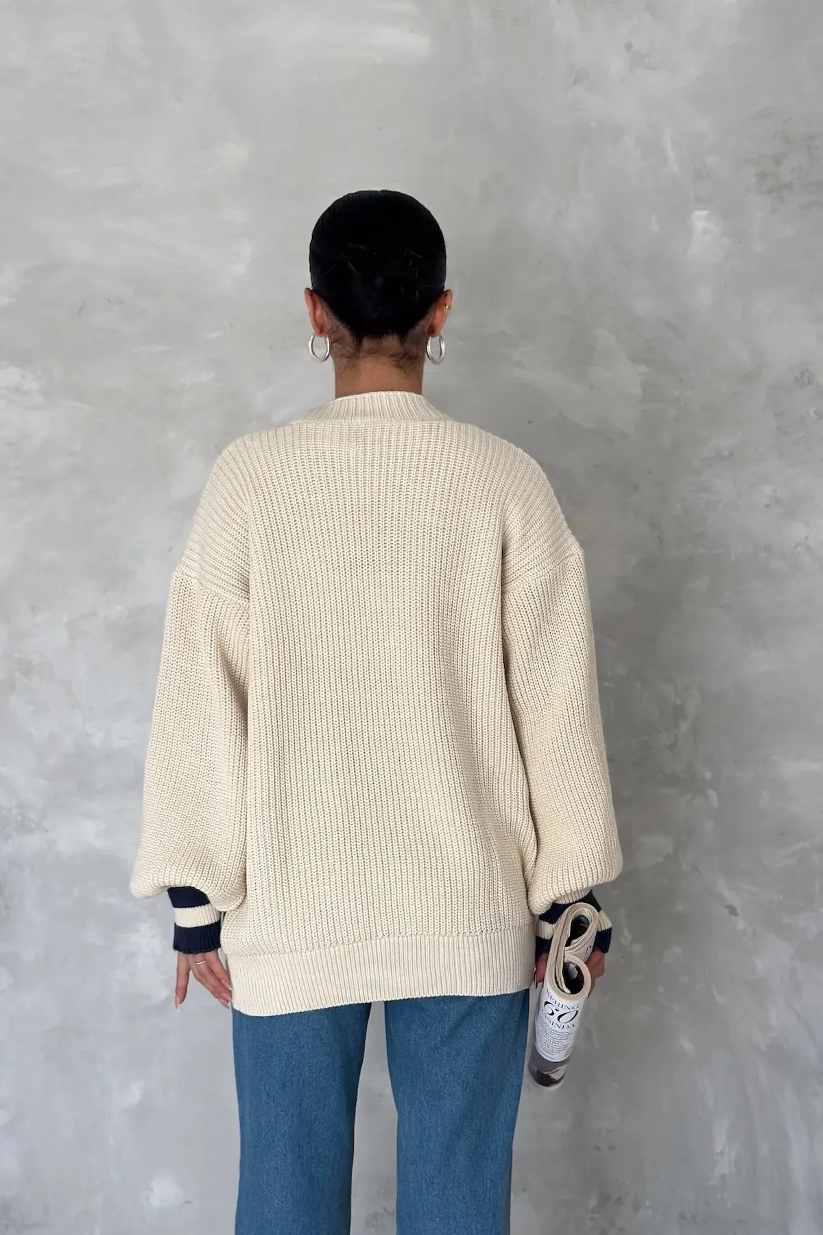 Oversize Beige Knitted Cardigan Button Detailed Pockets Color