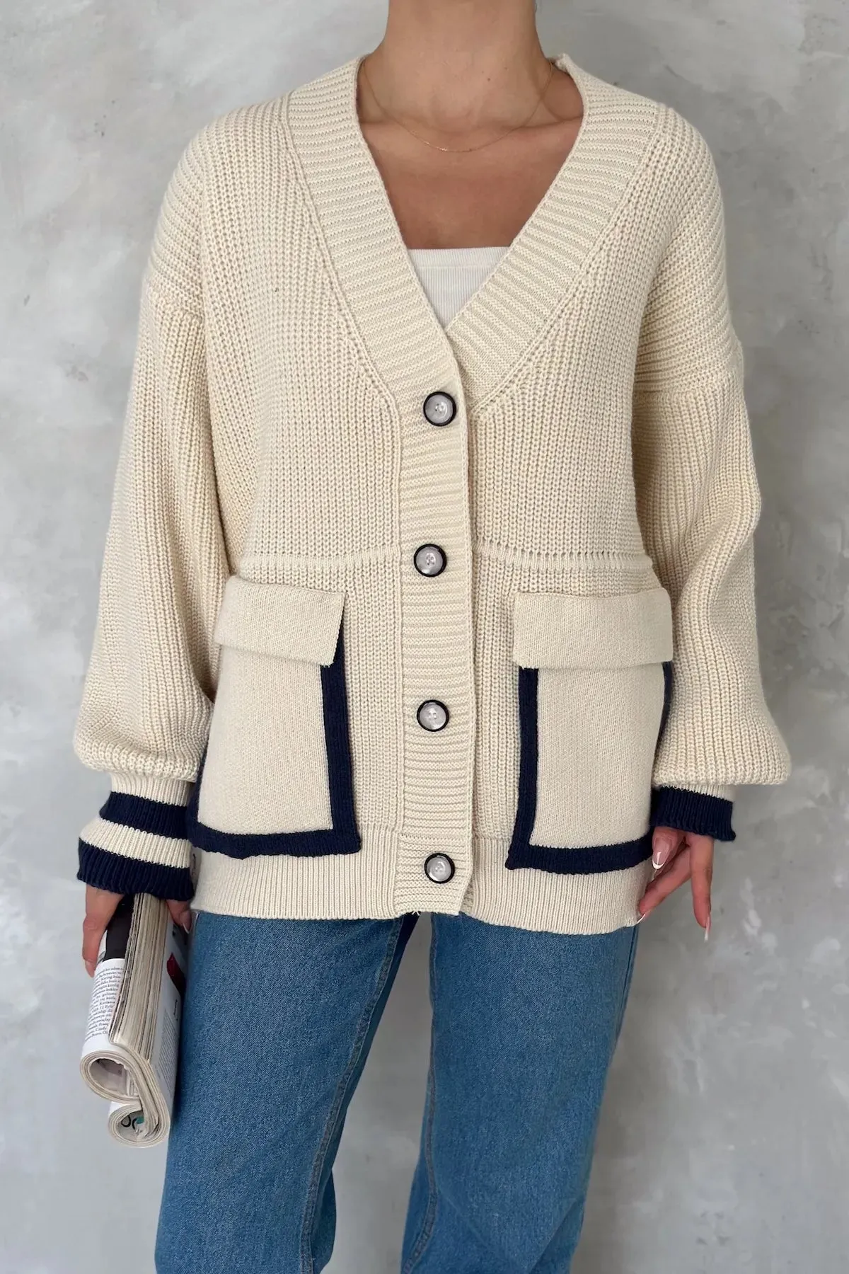 Oversize Beige Knitted Cardigan Button Detailed Pockets Color
