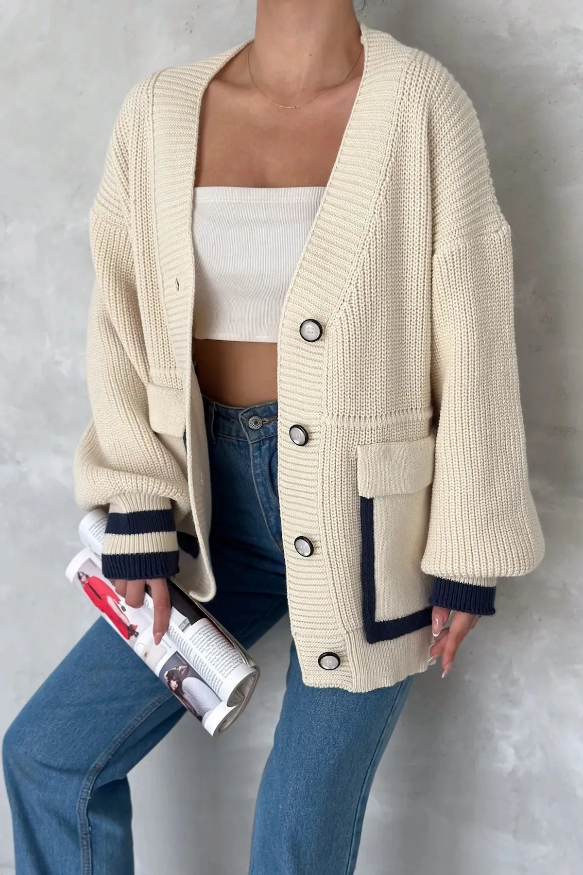 Oversize Beige Knitted Cardigan Button Detailed Pockets Color