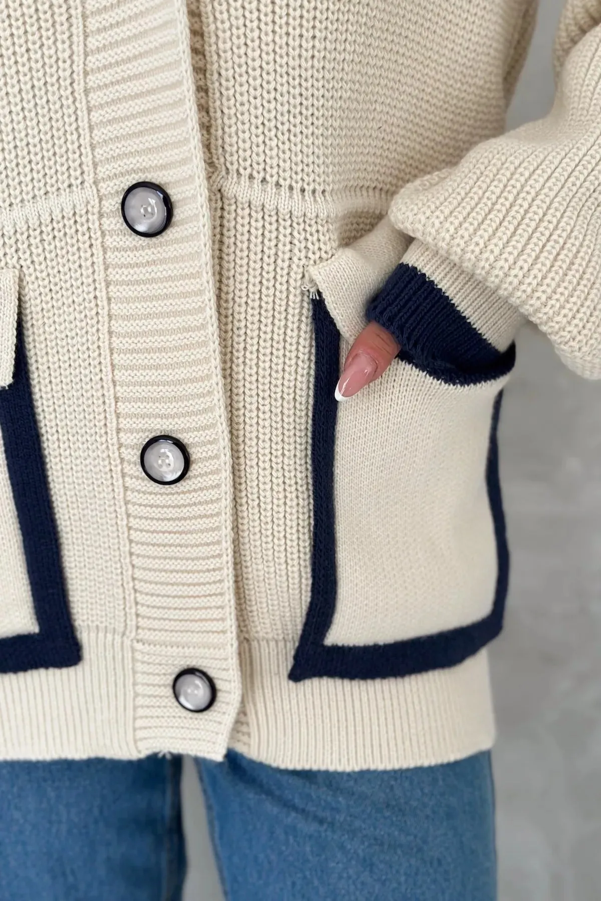 Oversize Beige Knitted Cardigan Button Detailed Pockets Color