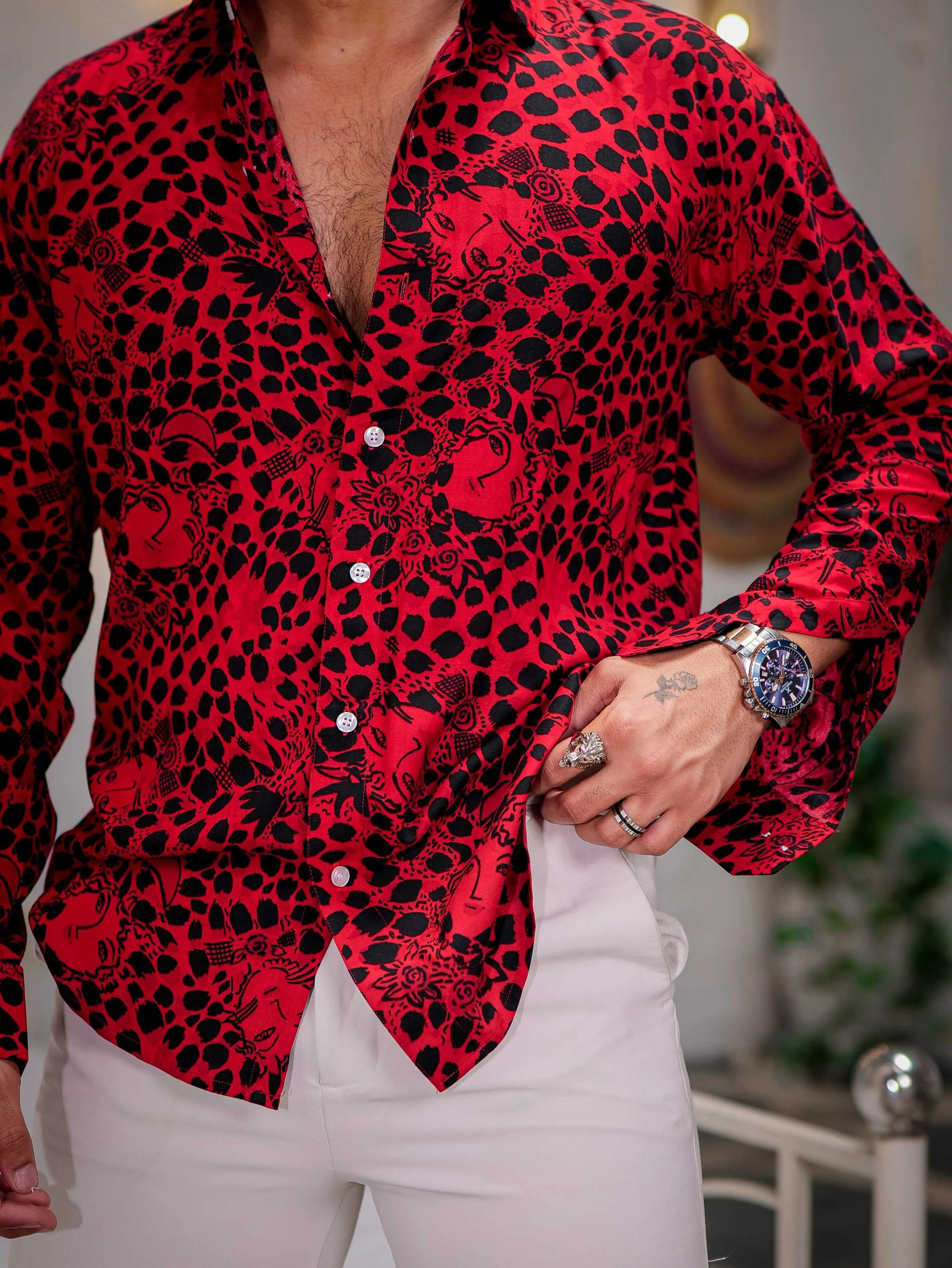 Red Modal Cotton Print Premium Shirt