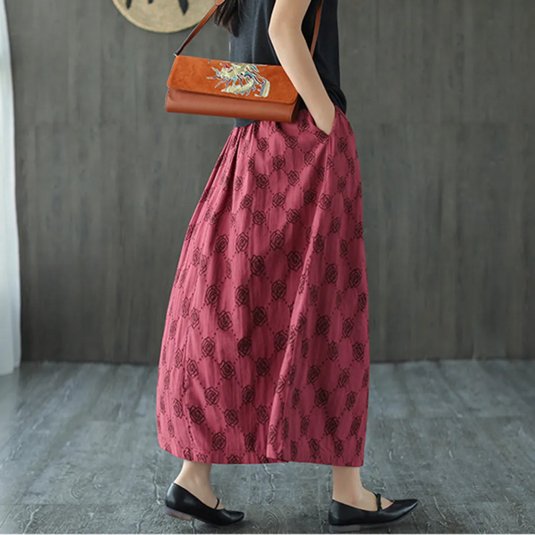 Retro Rose Jacquard Midi Skirt