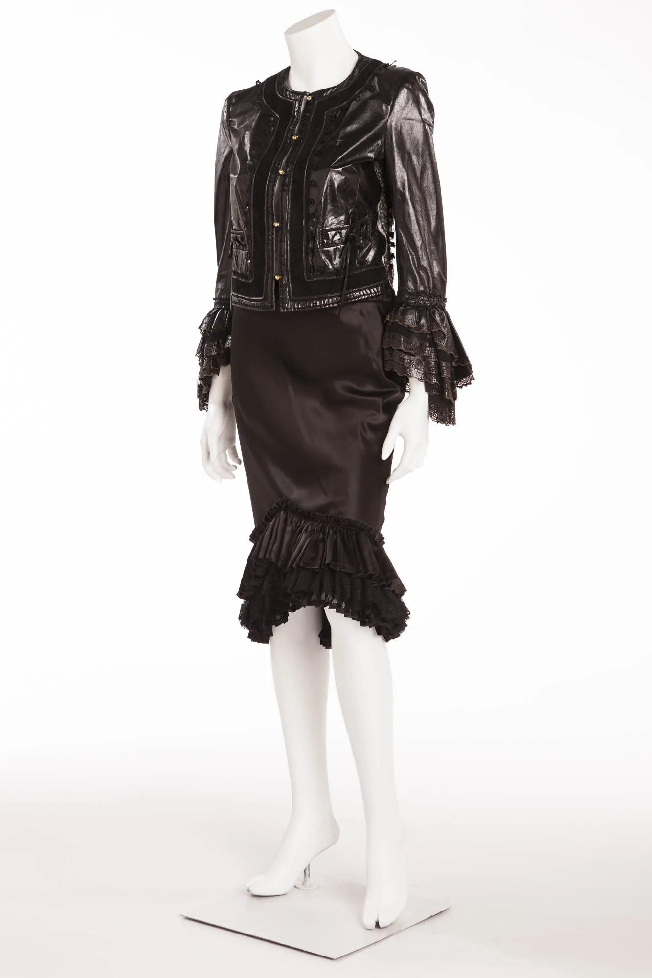Roberto Cavalli - 2PC Black Lace Jacket and Skirt with Ruffles - IT 40