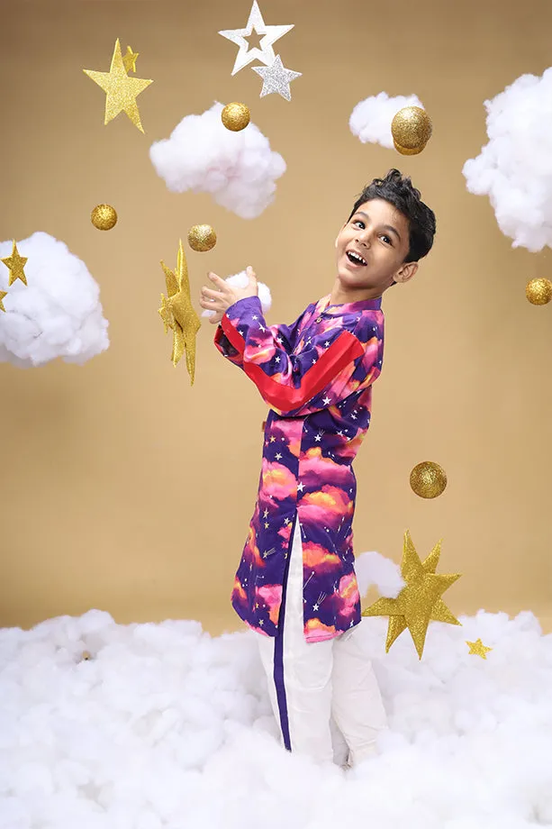 Whisper OF The Dusk Purple Kurta and Off-White Pants Set for Boys
