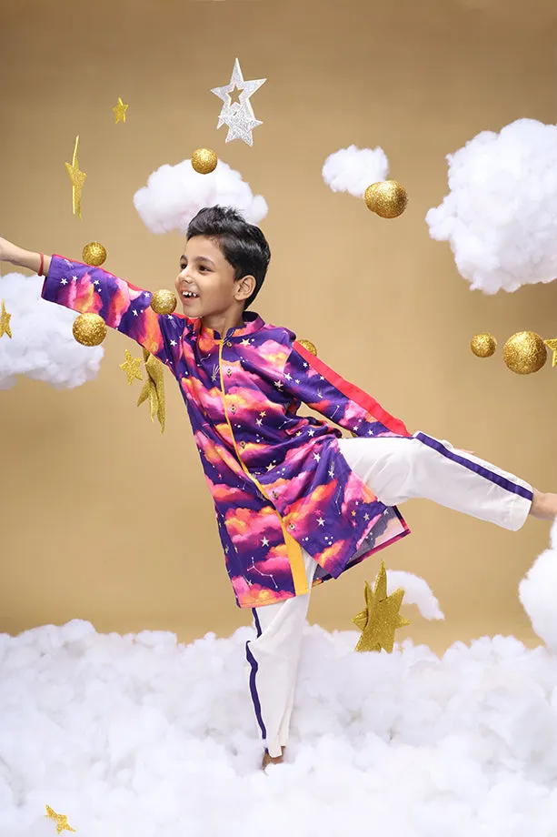Whisper OF The Dusk Purple Kurta and Off-White Pants Set for Boys