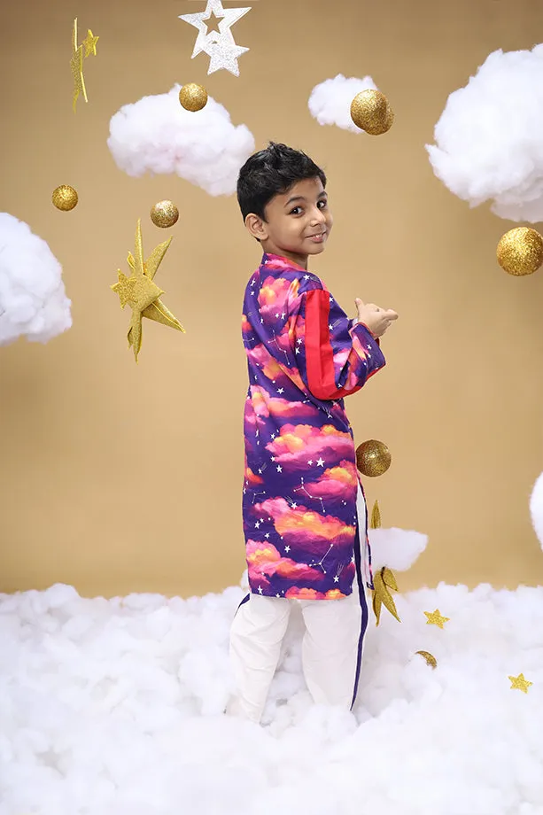 Whisper OF The Dusk Purple Kurta and Off-White Pants Set for Boys