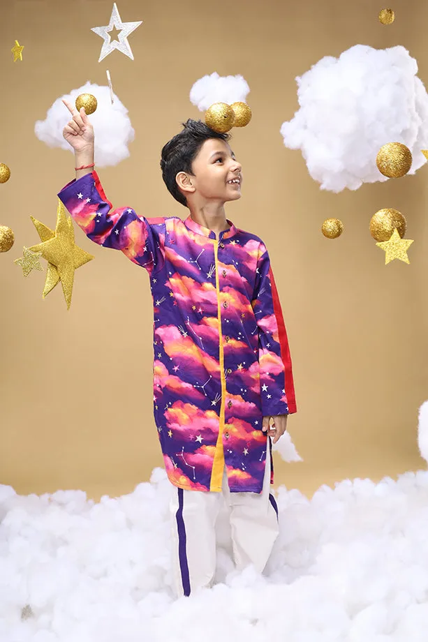 Whisper OF The Dusk Purple Kurta and Off-White Pants Set for Boys