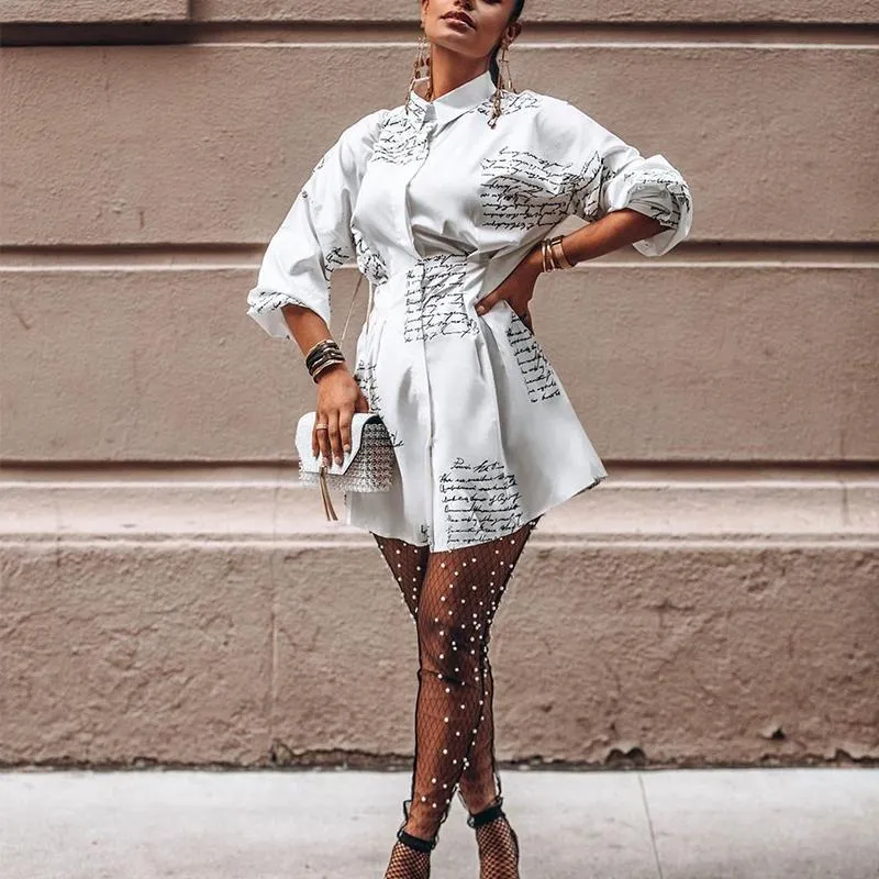 White Letter Print Mini Shirt Dress