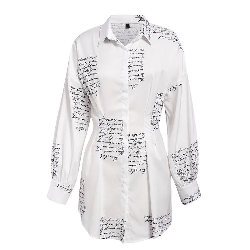 White Letter Print Mini Shirt Dress