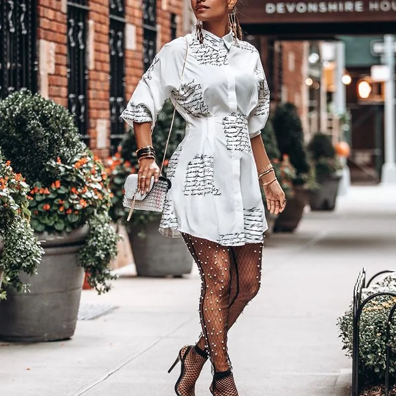 White Letter Print Mini Shirt Dress