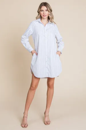 White Stripe Button Down Cotton Long Sleeve Shirt Dress