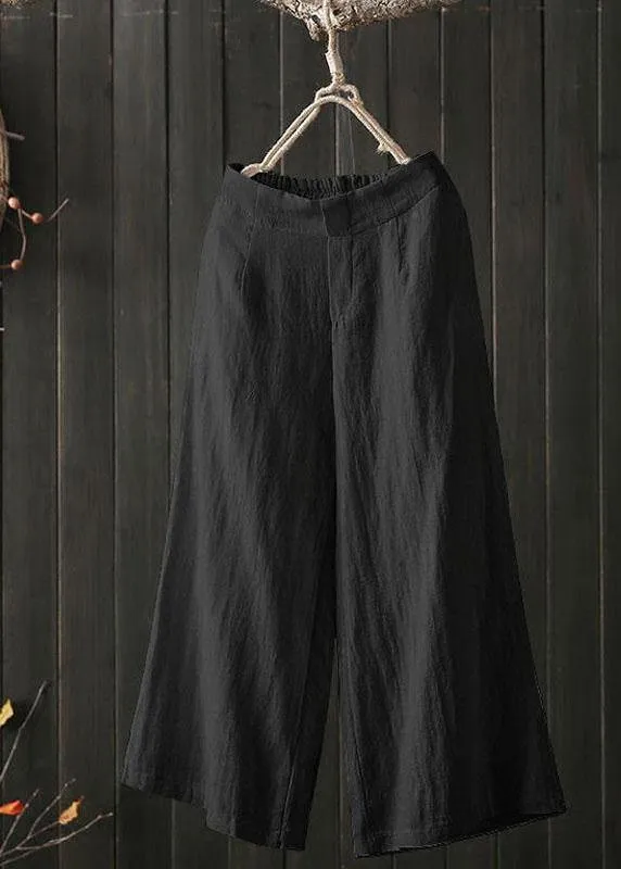 Women High Elastic Waist Loose Cotton Wide Leg Pants with Pockets