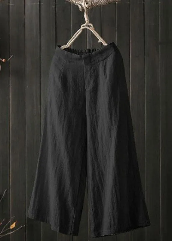 Women High Elastic Waist Loose Cotton Wide Leg Pants with Pockets
