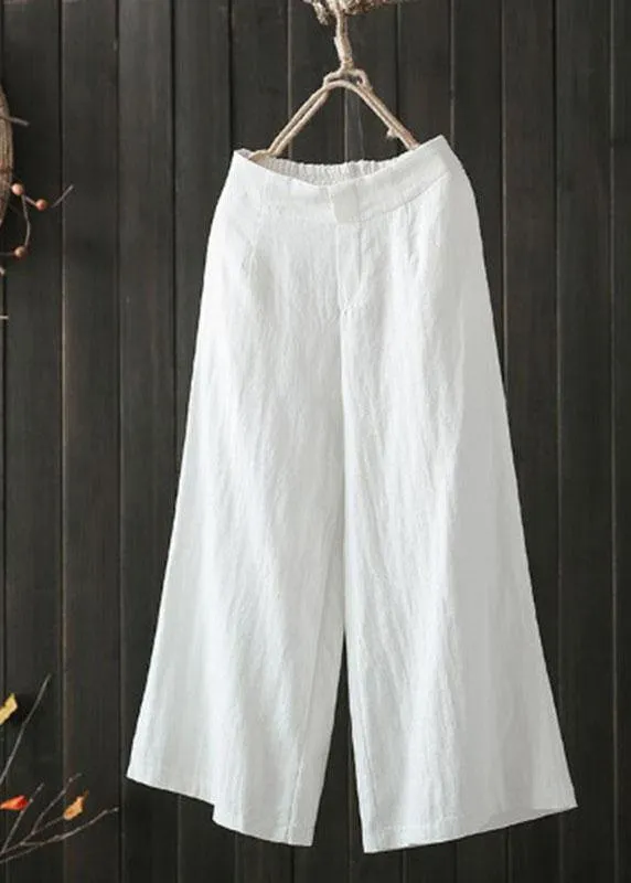 Women High Elastic Waist Loose Cotton Wide Leg Pants with Pockets