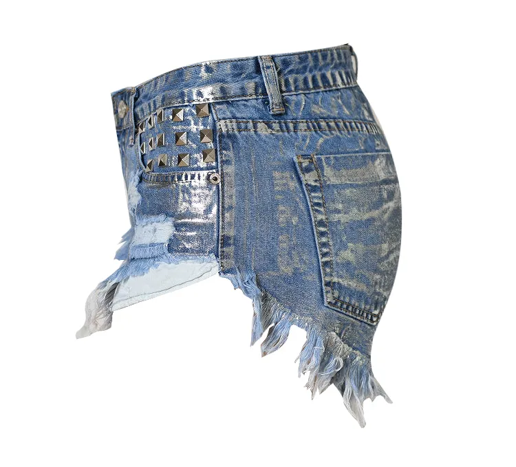 Women's High Waist Slim Frayed Rivets Denim Hot Pants RJ